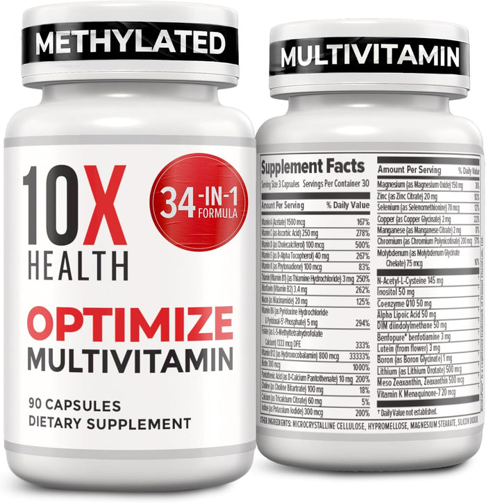10X Health Optimize Methylated Multivitamin – 34-in-1 Bioavailable Formula with Activated B-Complex (90 Capsules)