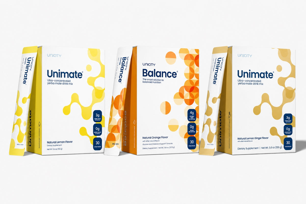 Unicity Daily Wellness Trio – Unimate & Balance 3-Box Variety Bundle (90 Stick Packs)