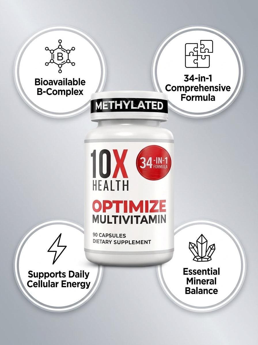 10X Health Optimize Methylated Multivitamin – 34-in-1 Bioavailable Formula with Activated B-Complex (90 Capsules)